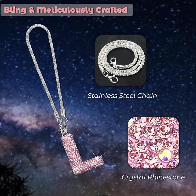 Bling Pink Car Accessories for Women Letter Charm, Rainbow Color Rear View Mirror Cute Crystal Pendant Car Decorations, Lucky Gifts Girly Diamond Rhinestone Charm Letter L