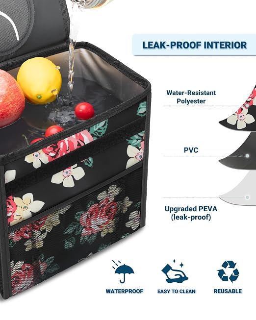 Car Trash Can with Lid, Leakproof Car Trash Bag Hanging Waterproof Automotive Garbage Can with Storage Pockets Mini Vehicle Trash Bin for Back/Front Seat(Flower,2.5 Gallon)