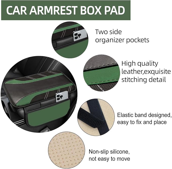 6 Pcs Green Car Accessories Set, Sport Leather Steering Wheel Cover 14.5-15inch Universal, Microfiber Leather Car Center Console Cover, Seat Belt Cushion, Cup Holder Coaster (Black-Green)