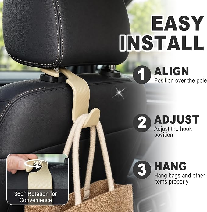 Car Seat Hooks for Headrest 4 Pack, Car Seat Back Storage Hook, Universal Vehicle Headrest Hanger for Purse, Handbag, Coat, Umbrella, Grocery Bags, Practical Interior Accessories
