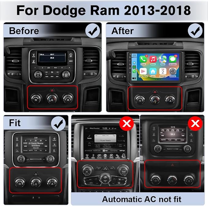 8 Core Car Radio Stereo for Dodge RAM 1500 2500 3500 2013 2014 2015 2016 2017 2018 with Carplay Android Auto Bluetooth 4+64GB (Only fit Manual AC)
