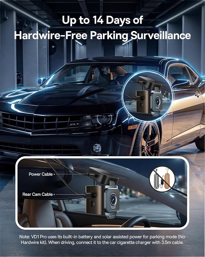VD1 Pro Solar Dash Cam Front and Rear, 4K+1080P Dash Camera for Cars, Battery Powered Parking Mode, Starvis Night Vision, 32 GB Card Included, 5GHz WiFi, GPS, Wide Angle,Voice Control
