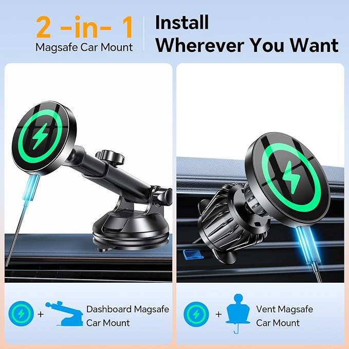 for Magsafe Car Mount Charger【Strongest Magnet】 Upgraded Wireless Car Charger Magnetic Phone Holders for Your Car Suction Cup Phone Mount for MagSafe Car Charger for iPhone 17 16 15 14 13 12