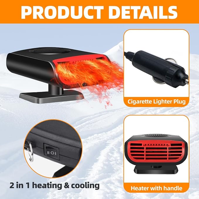 Car Heater 12V 150W, Efficient Heating Defroster Defogger for Windshield, 2-in-1 Portable Car Heater and Cooling Fan, Plug into Cigarette Lighter for Car SUV Auto