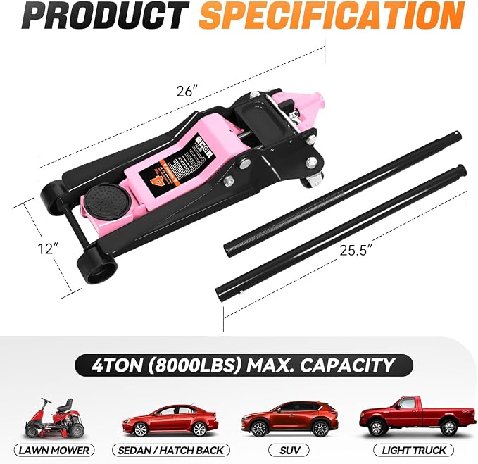 4 Ton Low Profile Floor Jack, Heavy Duty Steel Hydraulic Car Jack with Dual Pistons Quick Lift Pump, Hydraulic Racing Floor Jack, Lifting Range 4.5" to 20", Pink