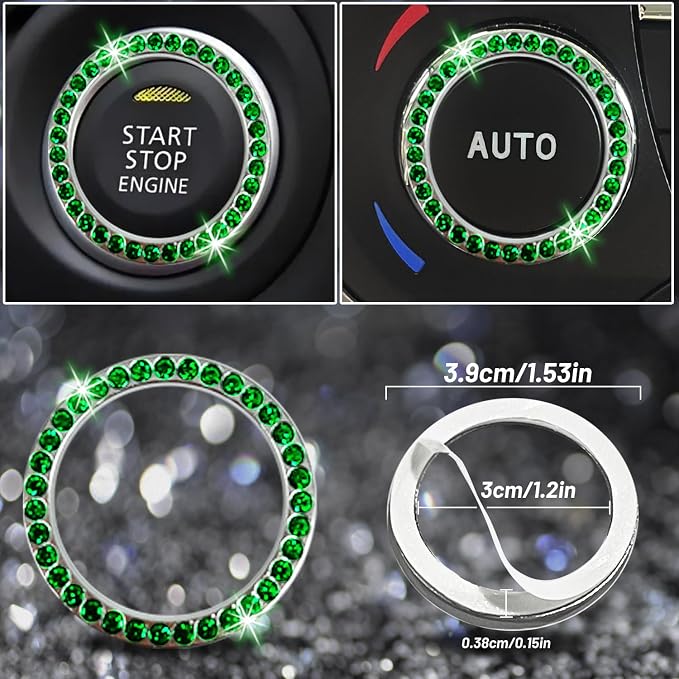 27 PCs Green Bling Car Accessories Set for Women, Steering Wheel Covers Universal Fit 15 Inch, Bling License Plate Frame, Bling Phone Holder, Bling Car Coasters (Green Diamond)
