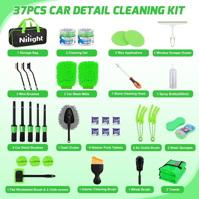 37PCS Car Detailing Kit Auto Cleaning Tools Wash Set with Storage Carry Bag Home Use for Interior Exterior Deep Clean Car Care Windshield Dashboard Seat Air Vents Wheels Tires, Green