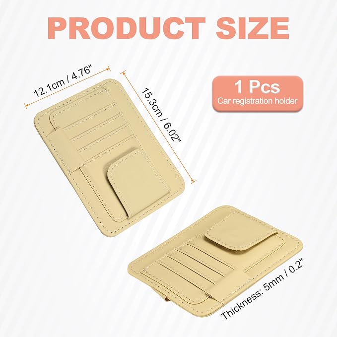 Car Sun Visor Organizer 6.02" x 4.76" Leather Multi-Pocket Visor Card Sleeve Pocket Car Truck SUV Interior Storage Pouch for Driving License Credit Cards Bills Sunglasses, Beige