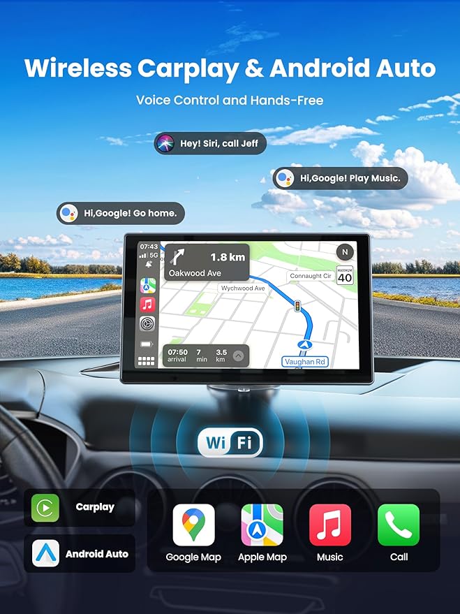 9" Wireless Apple Carplay Screen for Car, Portable Car Play Screen for Car & Android Auto, 4K Dash Cam, 1080p Backup Camera, GPS Navigation, Car Audio Receivers Mirror Link, Bluetooth, FM, Siri