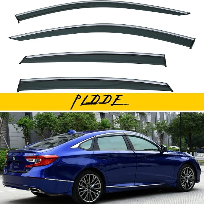 4pcs Smoke Tint with Chrome Trim Window Visors Compatible with 2018-2022 Honda Accord 4-Door Sedan Outside Mount Tape On/Clip On Style PVC Sun/Rain Guard Vent 2019 2020 2021