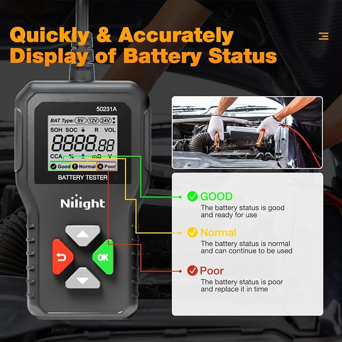 Car Battery Tester 6V 12V 24V Accurate Digital Auto Analyzer 100-2000 CCA Voltage SOH SOC Internal Resistance Test for Cars Trucks SUV ATV Boats Motorcycles Vehicle