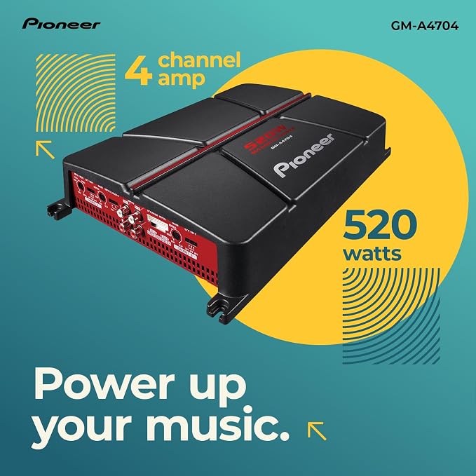 GM-A4704 4-Channel Car Amplifier – 520W Max, Class AB, Bridgeable, Variable High-Pass Filter