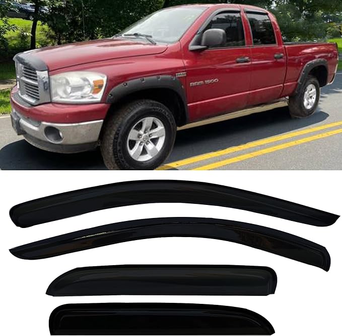 Side Window Visors rain Guards Vent Deflectors for 02-08 Dodge Ram 1500, 2003-2009 Ram 2500 & 3500 with Quad Cab Shade 94623