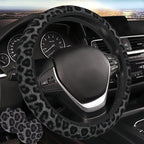 Black Leopard Print Steering Wheel Cover Cheetah Print 2 Car Cup Coasters | Anti-slip Universal Breathable 14 - 15-InFor Women Men Black Animal Steering Wheel Cover For Women