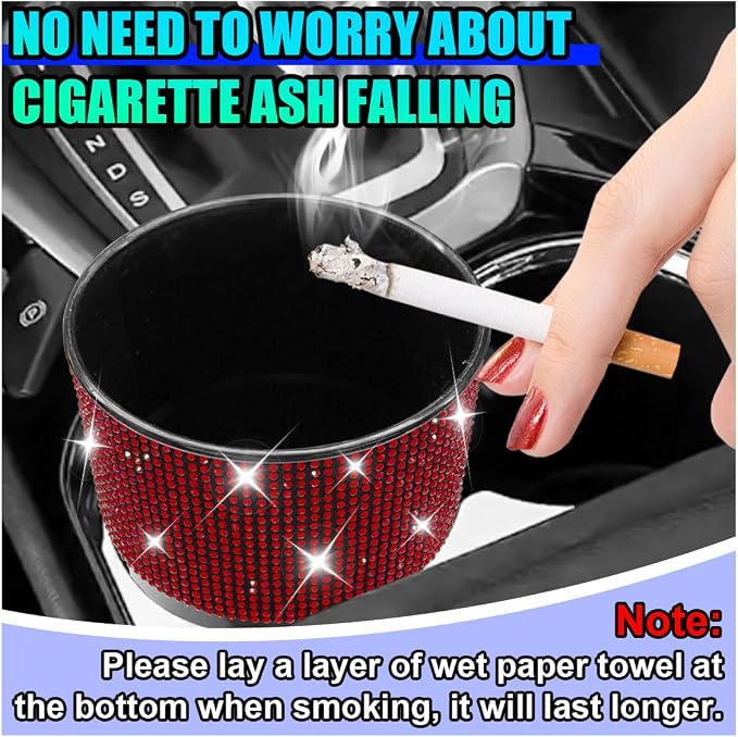 Bling Car Trash Can with Lid, Rhinestone Leakproof Waterproof Auto Cup Holder Garbage Bin, Portable Multipurpose Vehicle Dustbin and Organizer for Home Office Kitchen Bedroom (Red)