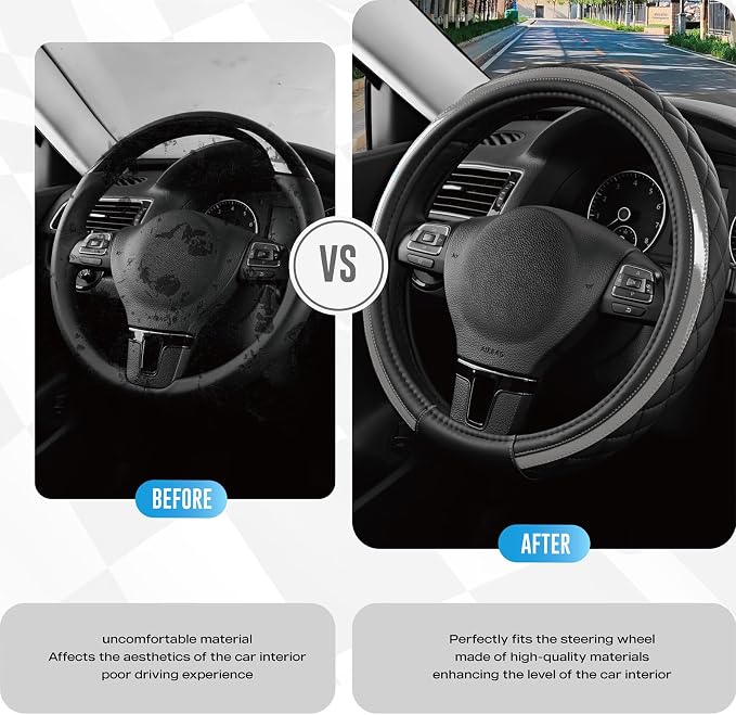 Leather Steering Wheel Cover – Black & Gray, Universal Fit 14.5-15 Inch, Microfiber Leather, Anti-Slip & Breathable Design for Men and Women