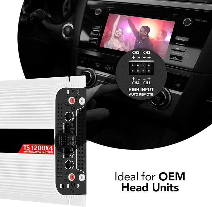 TS 1200x4 Amplifier Car Audio 1200W RMS 2 Ohms 4 Channels 2 Bridged Channels, Full Range Crossover Fixed RCA/Wire Input - Multichannel Class D