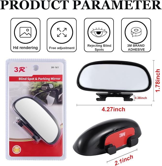 Blind Spot Mirror, HD Glass Frameless Convex Rear View Mirrors Exterior Accessories with Wide Angle Adjustable Stick for Car SUV and Trucks, Black