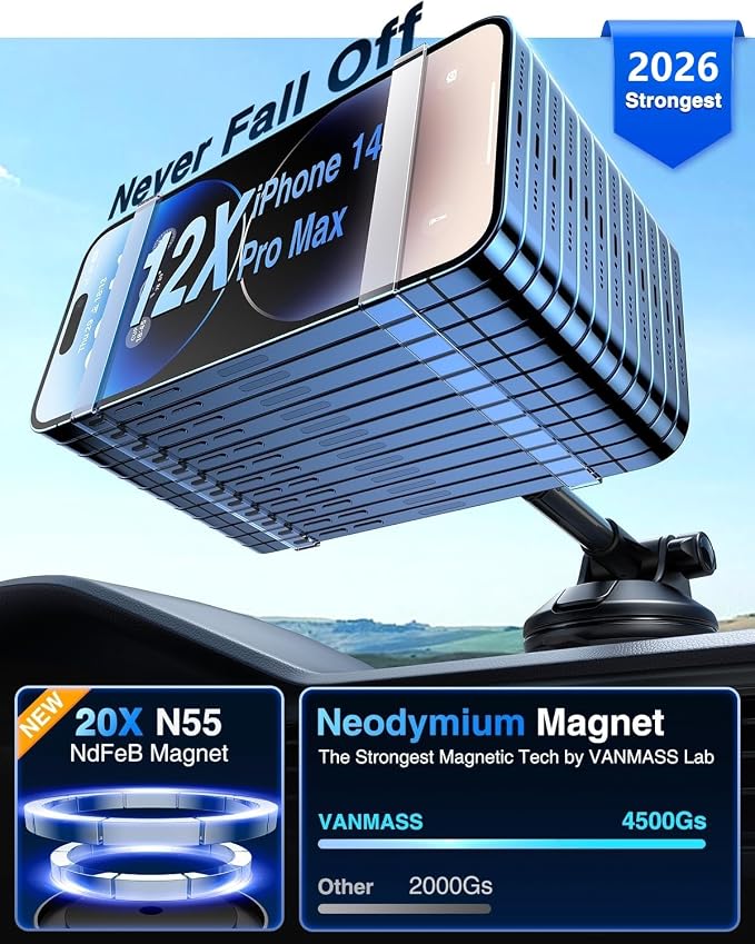 【Military-Grade】 for MagSafe Car Mount【Upgraded Strongest Magnetic&Suction】Phone Holder Cell Stand for Dashboard Windshield Vent, Tesla Truck Cradle for iPhone 17 Pro Max 16 15 14 13 12 Android