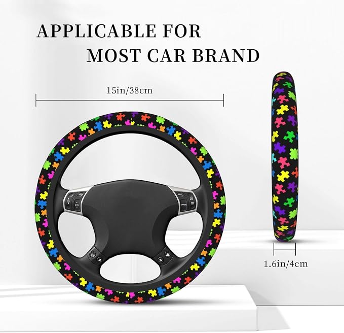 Elastic Puzzle Pieces Neoprene Car Steering Wheel Cover Protector Upgrade Thicken,Autism Awareness Colorful,Anti Slip Soft Car Accessories for Diverse Cars Truck SUV for Men Women Universal 15 Inch