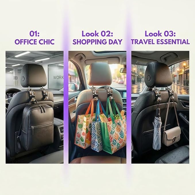 Bling Car Seat Headrest Hooks, 2PCS Leopard Print Backseat Storage Hanger Hooks for Women, Automotive Interior Rear Headrest Decoration Organizers, Universal for Vehicles (Coffee)