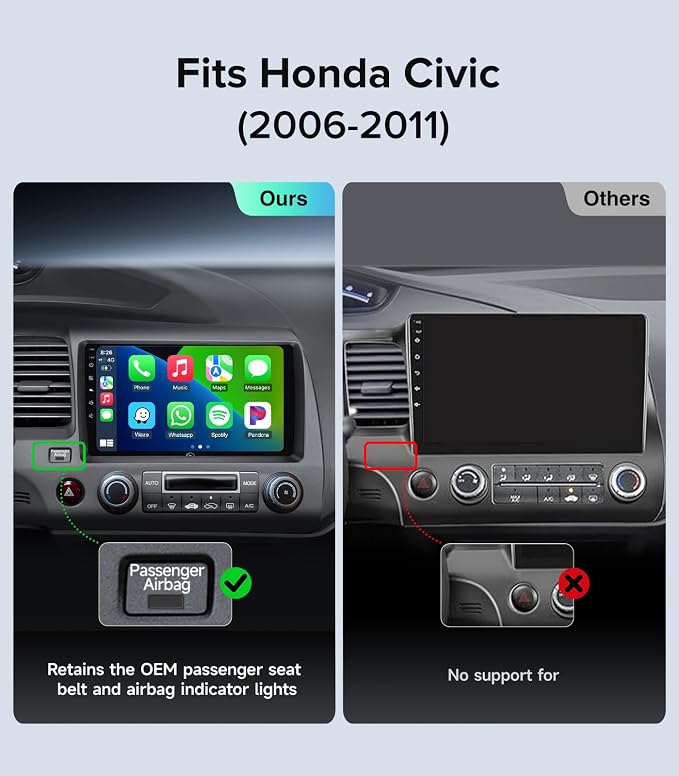 Car Radio Stereo for Honda Civic 2006-2011, Wireless CarPlay Android Auto | 9" IPS HD touchscreen, 64G storage, 5G WiFi GPS navigation, phone link, Bluetooth FM AM SWC, 1080P backup camera