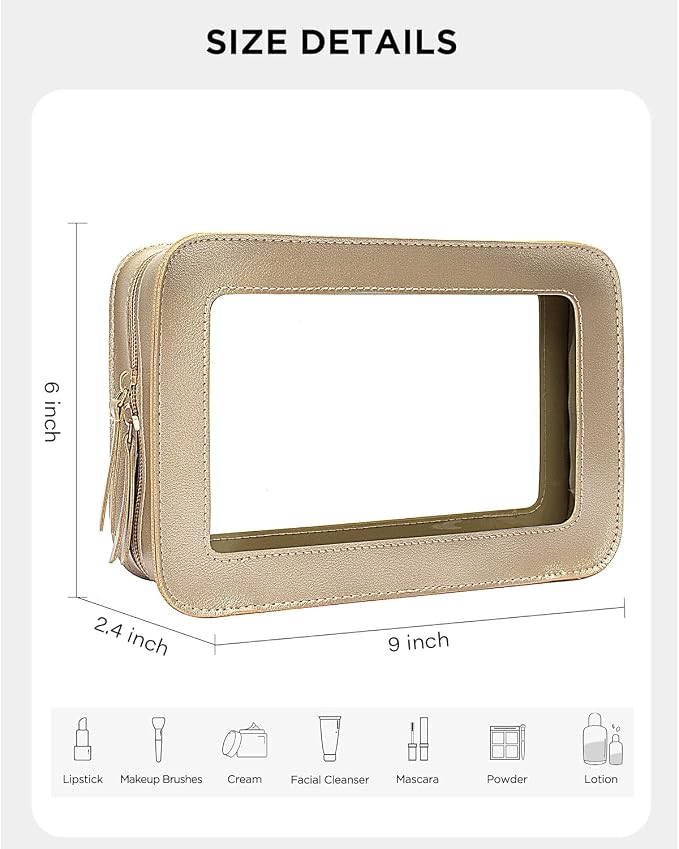 Sunscreen Bag Clear Makeup Toiletry Pouch Beach Vacation Essentials for Women Teen Girls Trip Gifts Summer Pool Travel Must Have Accessories Waterproof StuffClear-Golden