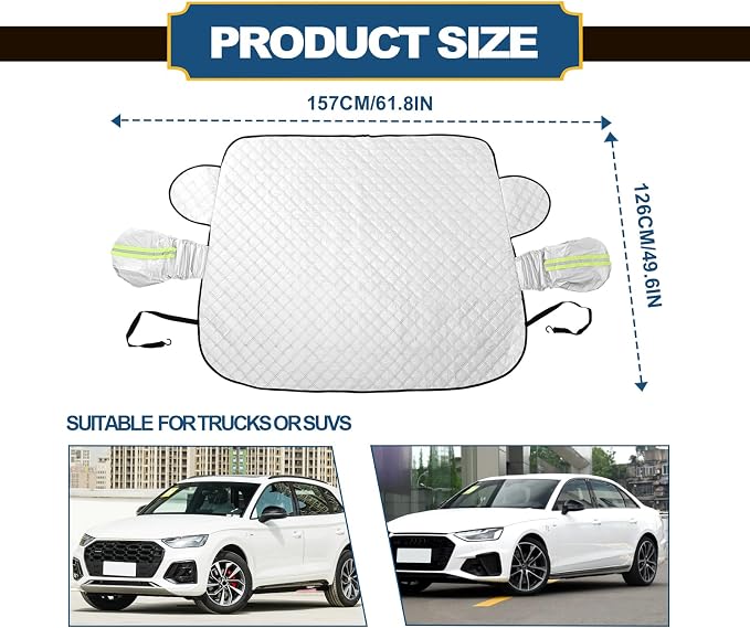 Car Windshield Snow Cover with Side Mirror and Hook, Winter Windshield Sun Shade Foldable, Magnetic Windshield Cover for Ice and Snow, Fit for Car/SUV, Pickup truck, 62"x50" Silver