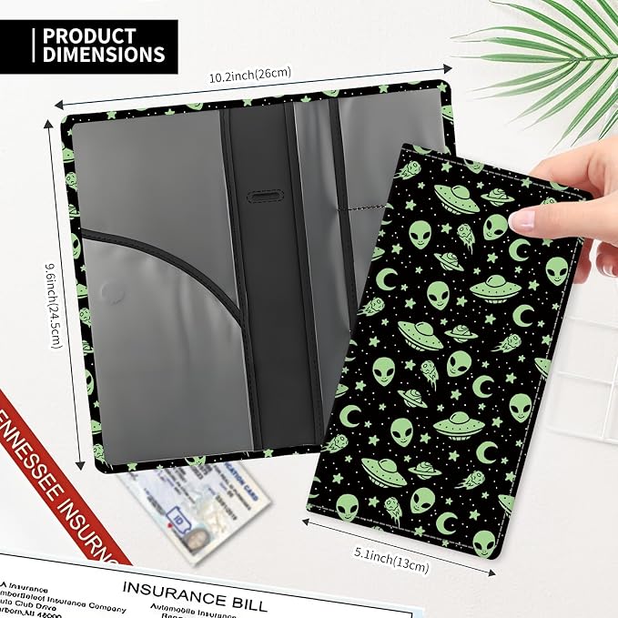 Leather Car Registration and Insurance Card Holder, Cute Car Accessories Vehicle Glove Box Car Organizer for Documents, Cards, License Cute Green Aliens