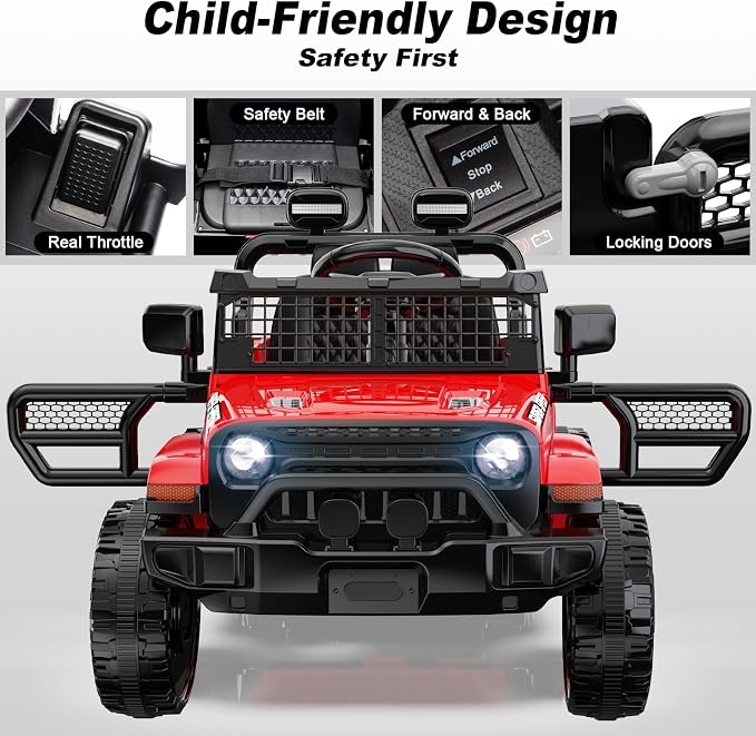 12V Ride on Car with Parent Remote Control, Toddler Electric Car with Spring Suspension, LED Lights & Music Player - Safe Battery Toy for Kids, Christmas & Birthday Gift, Red
