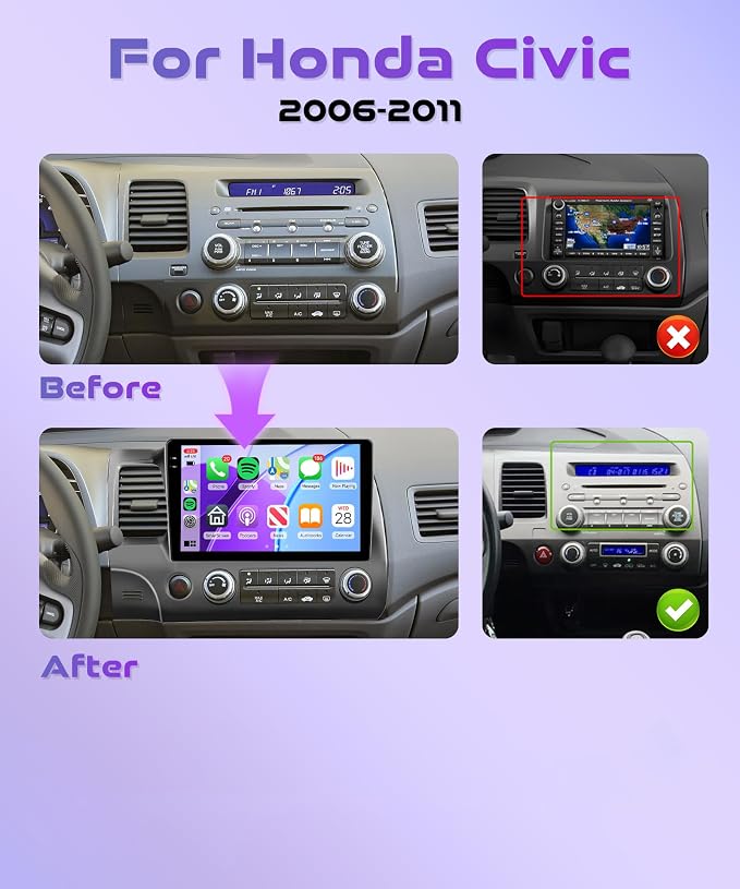 4G 128G Android Car Stereo for Honda Civic 2006-2011, Wireless CarPlay & Android Auto, 5GHz WiFi GPS, 10.1'' Touchscreen, Bluetooth/FM/RDS, EQ, SWC + AHD Backup Camera
