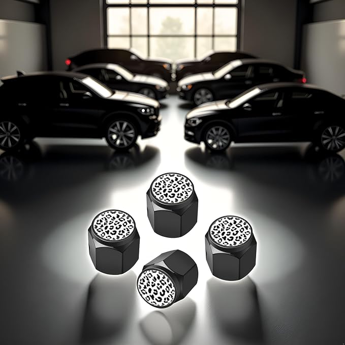 Tire Valve Stem Caps Cover,4 Pcs Metal Black Air Valve Cap, Aluminum Car Wheel Stem Caps,Universal Stem Covers for Cars,Trucks,Bikes,Bicycles, Motorcycles,Corrosion Resistant (White Leopard)