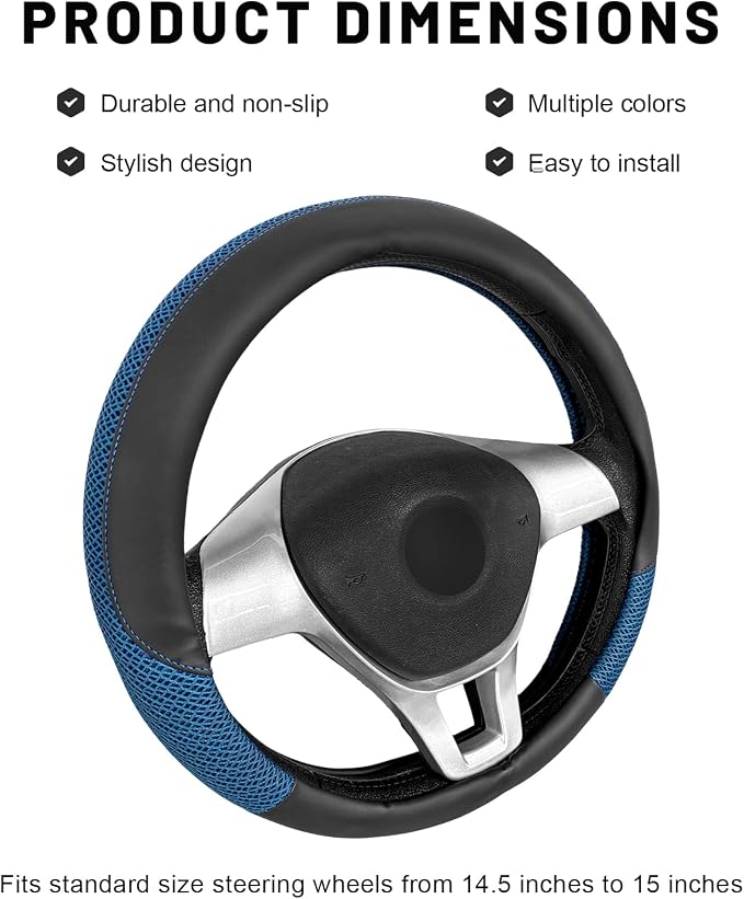 Sun Walker Steering Wheel Cover, 15 inch Breathable Steering Wheel Protector with Anti-Slip Lining, Comfortable Wheel Wrap Cover for Most Vehicles, Universal Car Accessories (Blue)