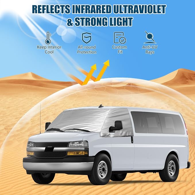 Silver RV Windshield Cover for Chevy Express GMC Savana 1996-2026 | Fits Class C Motorhome Vans, Hail Protector, Waterproof Silver Snow Cover