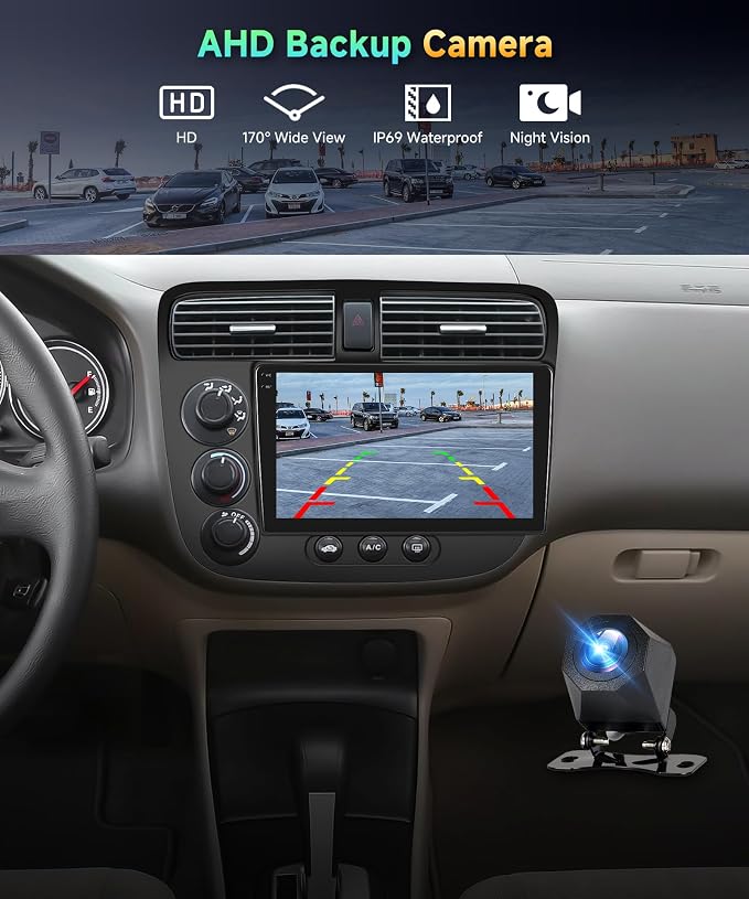 4G+128G Car Radio for Honda Civic 2001-2005 Stereo 9 inch in-Cell Touch Screen Wireless CarPlay/Android Auto Android 15 Bluetooth DSP FM/RDS GPS WiFi SWC AHD Backup Camera