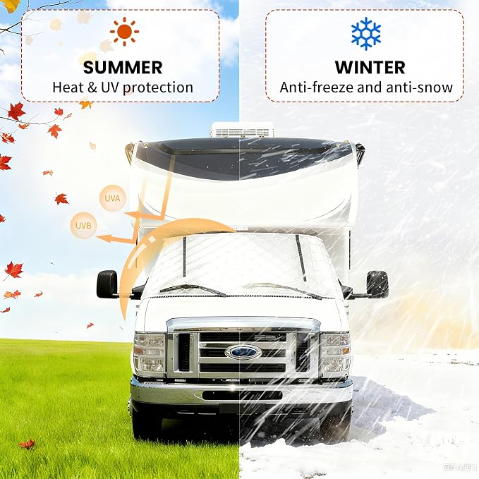 RV Windshield Window Snow Cover for Class C Ford E450 1997-2025 Motorhome, Windshield Cover for Ice and Snow RV Front Window Sunshade Cover RV Accessories 4 Layers with Mirror Cutouts Zipper