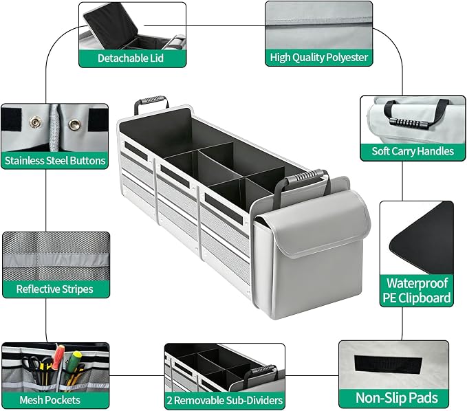 Car Trunk Organizer with Removable Cooler Bag - Collapsible Multi-Compartment Storage for SUV Truck Groceries Camping, Durable Nylon Auto Cargo Organizer (Gray)