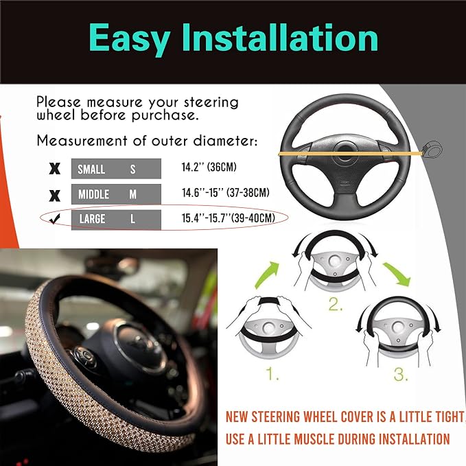 Large Size Bling Comfy Steering Wheel Cover with Jumbo Crystal Rhinestones, Anti-Slip Diamond Leather, 15.5-15.75 Inch (Gold)