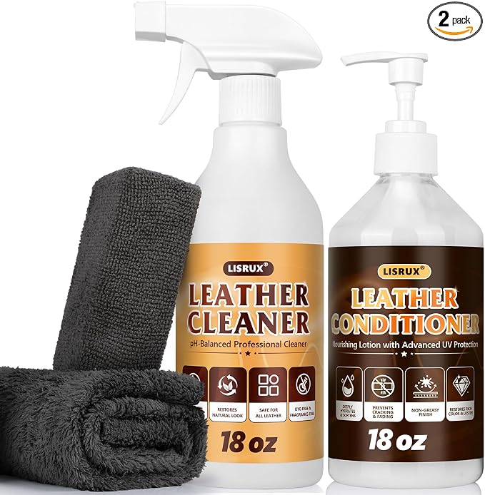 Leather Cleaner and Conditioner Kit-2×18oz, Leather Cleaner for Car Seats, Furniture, Couches, Shoes & Boots, pH-Balanced, Restores & Protects All Leather For Natural, Synthetic, Faux, Pleather