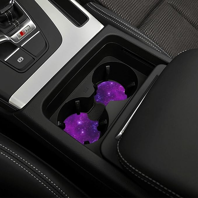 Purple Galaxy Steering Wheel Cover + Purple Starry Sky 2pc Car Coasters | Breathable Universal for 15 Inch Anti-Slip Car Suitable for Men Women Galaxys
