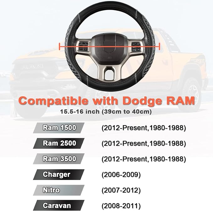 Customized Auto Car Steering Wheel Cover for Dodge RAM 1500 2500 3500, 15.5-16 inch (Diamond Quilted-Black+Gray-Large Size)