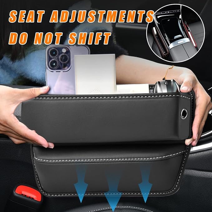 Car Seat Gap Organizer, Premium Leather Auto Seat Storage Box, Vehicle Adjustable Front Seat Gap Filler, Car Seat Side Pocket Organizer for Phones, Glasses, Keys, Money, Cards (Black)