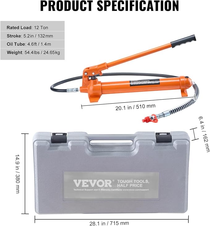 Porta Power Kit, 12 Ton Load, Portable Hydraulic Jack with 4.6 ft Extended Oil Hose, Long Handle Design, Auto Body Frame Repair Kit with Portable Storage Case for Car Repair, Truck, Farm