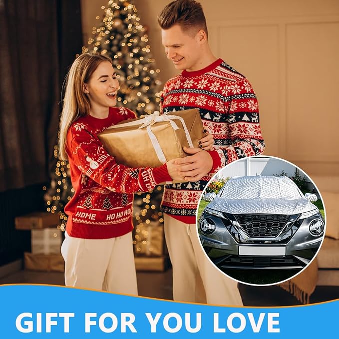 Car Windshield Snow Sun Cover ， 112x87Inches | Extra large thickened reflective strips, all season indoor outdoor, protects windshield wipers door handles side mirrors