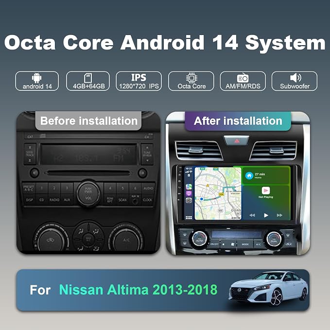 Upgraded 4+64G Car Radio Stereo for Nissan Altima 2013-2018 8 Core with Wireless CarPlay/Android Auto, 9 Inch HD Touchscreen Android 14 Car Stereo with AM/FM/RDS Backup Camera Bluetooth WiFi GPS SWC
