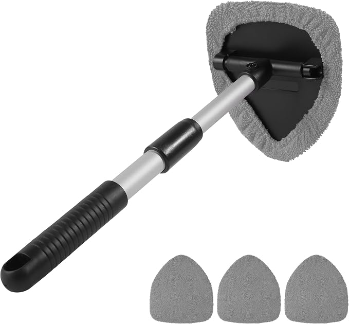 Windshield Cleaner Tool,Car Accessories,Automotive Tool Car Window Cleaner with Extendable Long Handle and 4 Washable Reusable Microfiber Pads,Suitable for Most Cars,SUVs,Trucks,Jeeps (Gray)