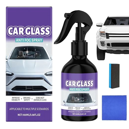 Windshield Anti Fog - 100ml Glass Defogger Spray with Sponge Towel, Window Glass Cleaner with Clear Vision Formula, Automotive Motorcycle Vehicle Truck Interior Protection, Goggles Mirror