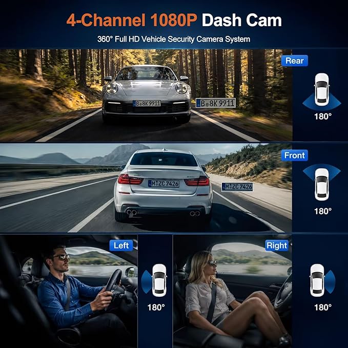 Dash Cam 360° View 4 Channel Car Camera, Front Rear Left Right 4 Way Recording, GPS WiFi APP Control, G-Sensor 24H Parking Mode, IR Night Vision WDR Wide Angle, Free 128G TF Card Included