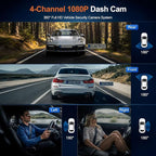 Dash Cam 360° View 4 Channel Car Camera, Front Rear Left Right 4 Way Recording, GPS WiFi APP Control, G-Sensor 24H Parking Mode, IR Night Vision WDR Wide Angle, Free 128G TF Card Included