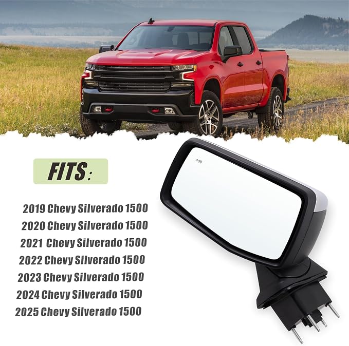 Left Driver Side Mirror Compatible With 2019-2025 Chevy Silverado 1500 With Power Glass Manual Folding Turn Signal Heated Blind Spot Chrome Replace#GM1320680(7Pins)